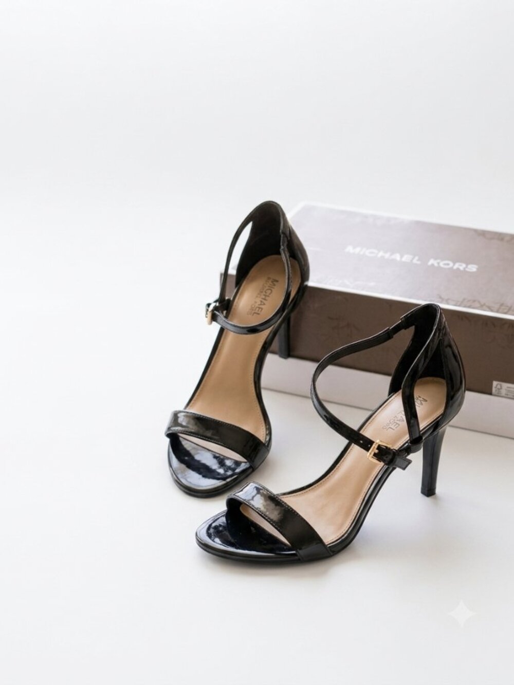 Michael Kors Glossy Black Open Toe Stiletto Heels w/ Gold Hardware